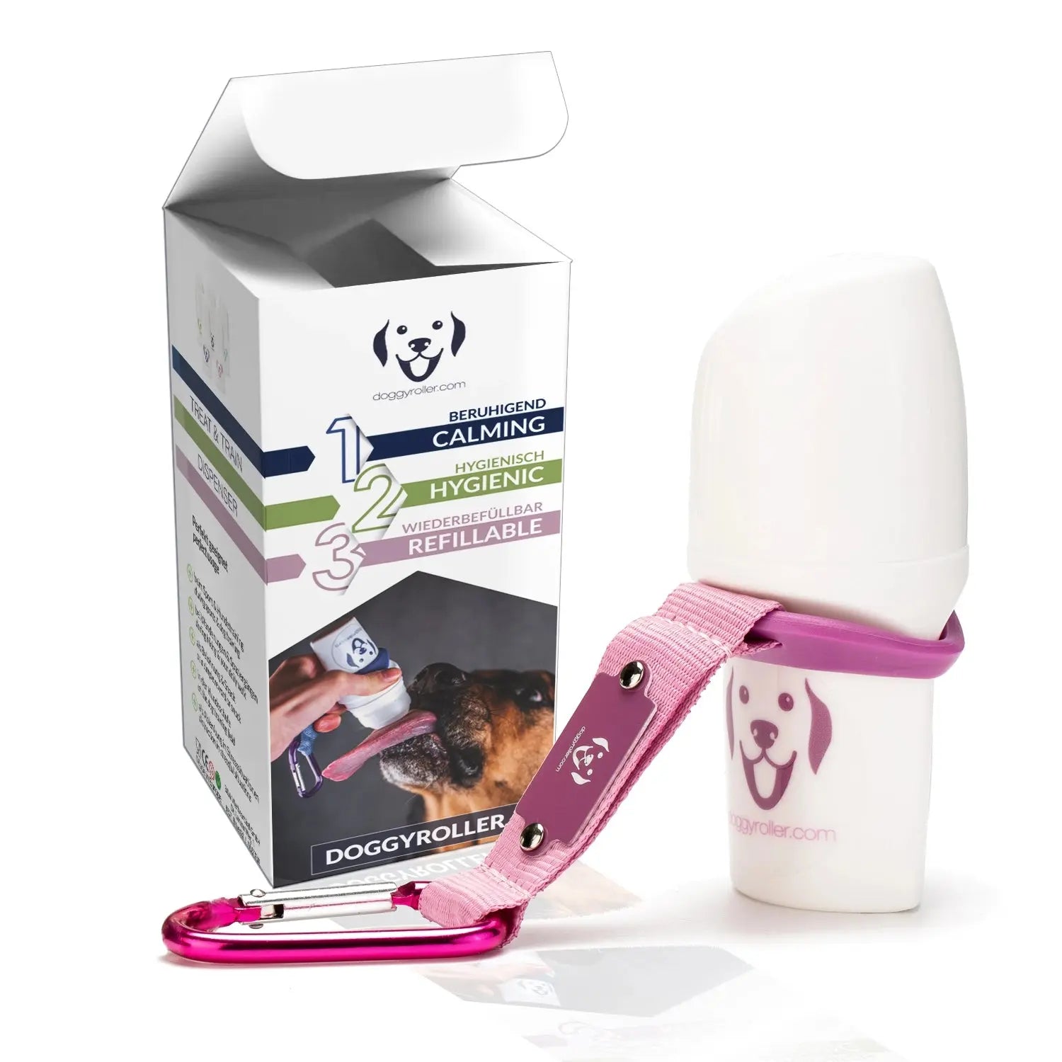 DOGGY ROLLER avec porte-mousqueton rose - pratique et portable Biscuit Rex